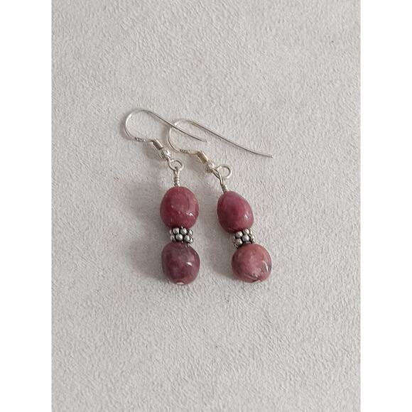 Vintage Rhodonite Sterling Silver Dangle Earrings French Hooks Drop Gemstone - Picture 4 of 5